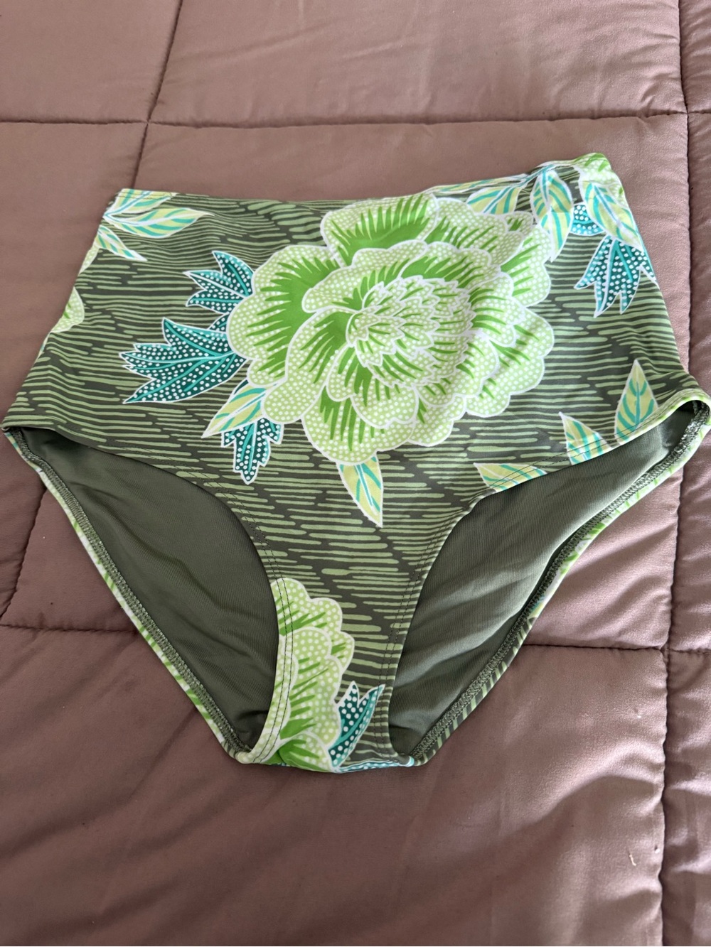 aerie High-Waist Floral Swim Bottoms in Olive Green and Lime
